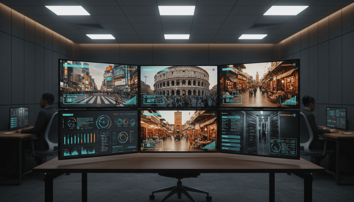 AI security and management dashboard showing video surveillance camera feeds alongside business productivity analytics in modern interface