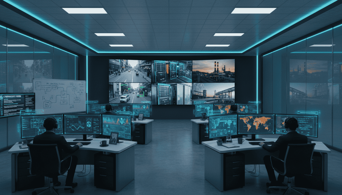 AI security command center showing multiple monitoring screens with camera feeds and threat detection alerts