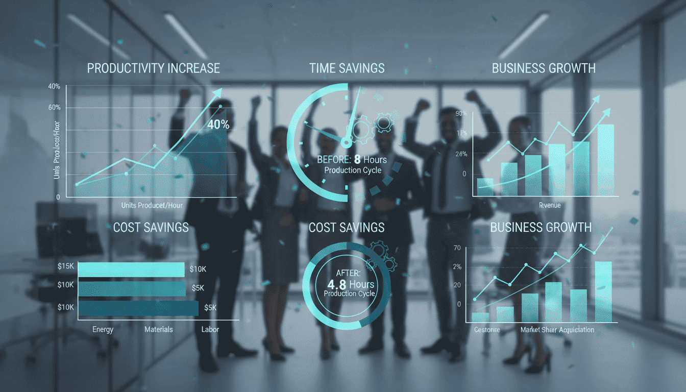 ROI dashboard showing 40% productivity improvement and cost savings from AI automation