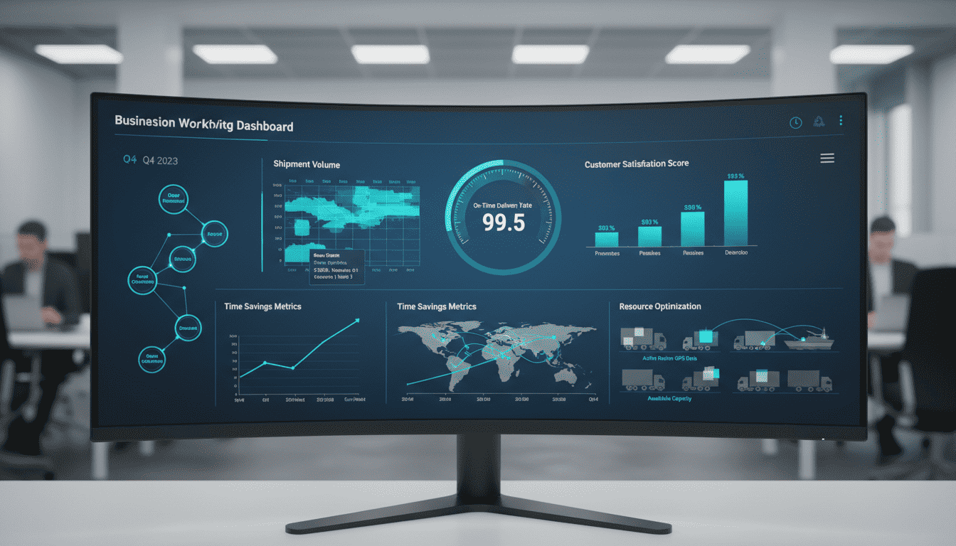 Business automation dashboard displaying 40% productivity improvement metrics with workflow automation and ROI analytics