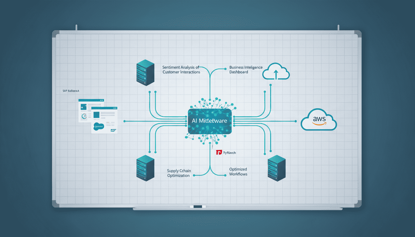 Enterprise AI integration diagram showing AIOffice platform connecting security systems with business management software via APIs