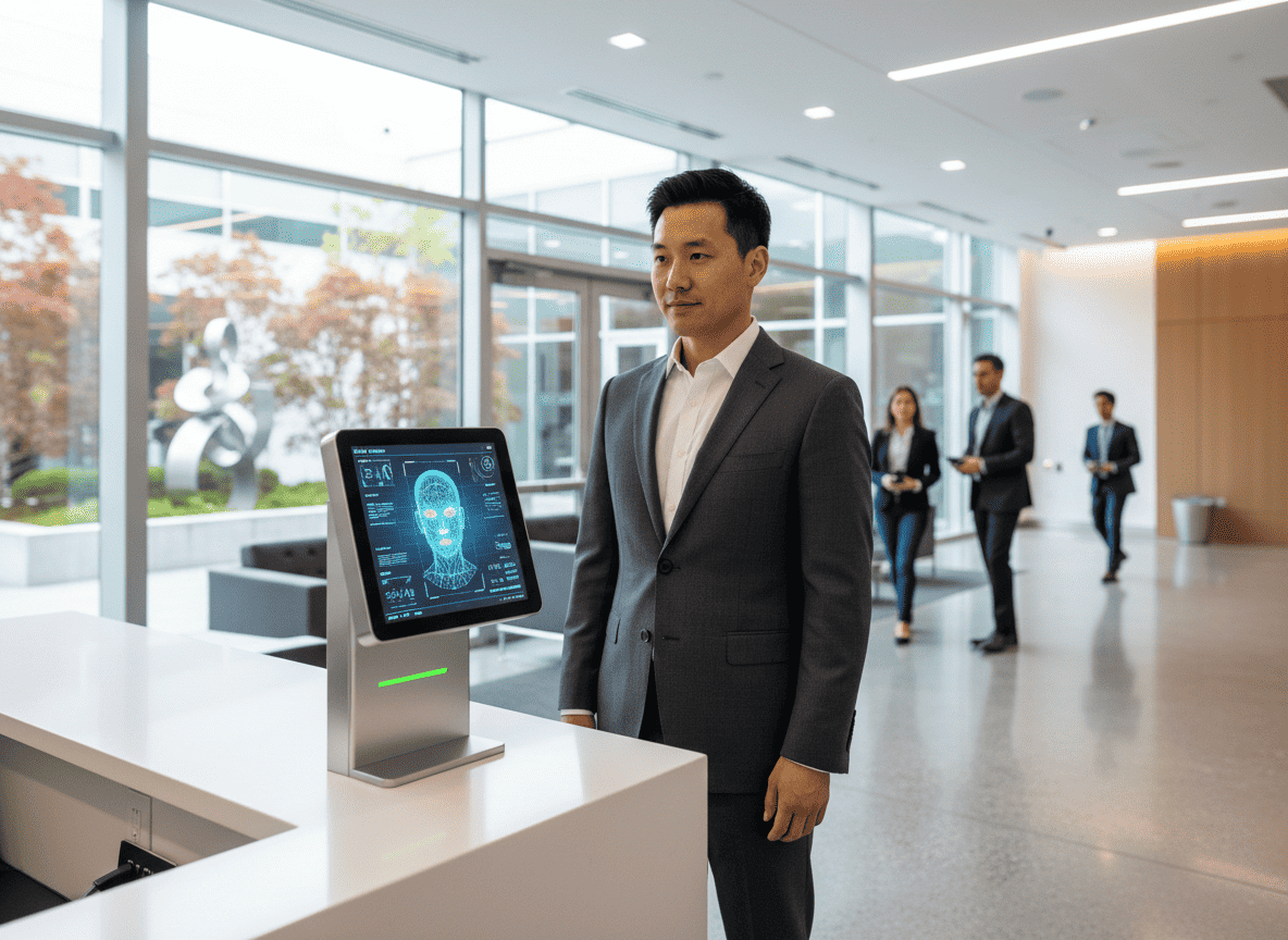 Facial recognition system authenticating employee at entry point with green verification