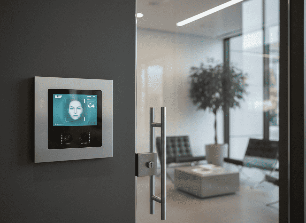 Touchless facial recognition access control system authenticating employee entry with biometric face detection technology