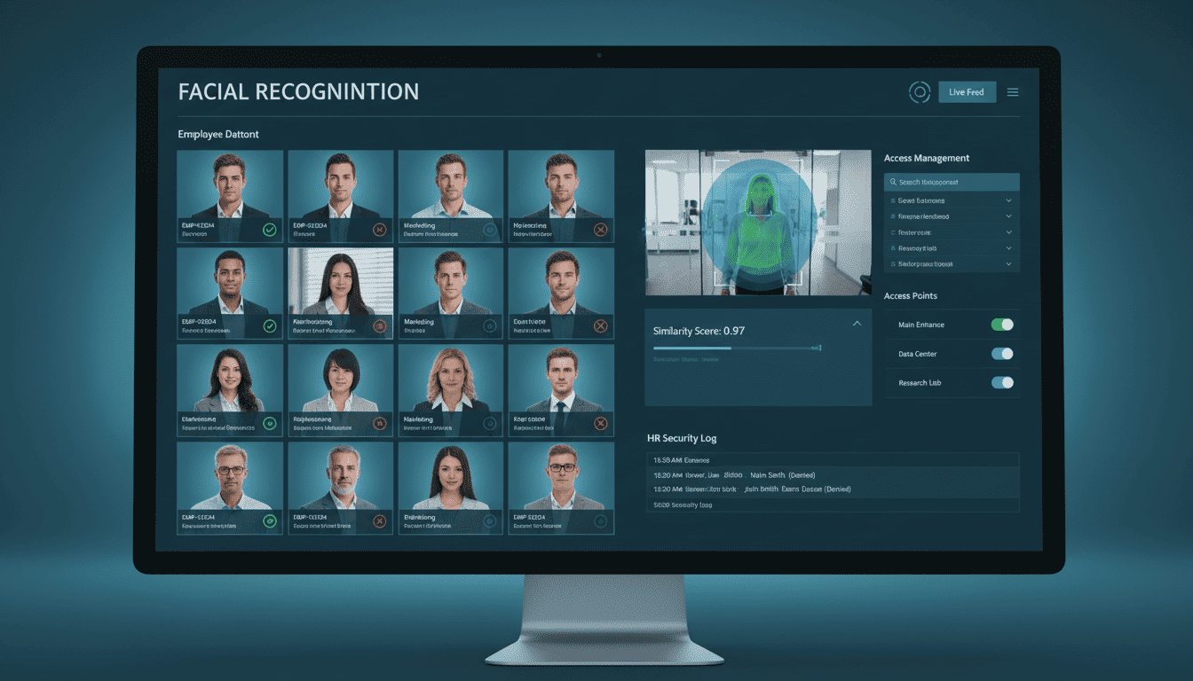Facial recognition admin dashboard showing employee database and access history