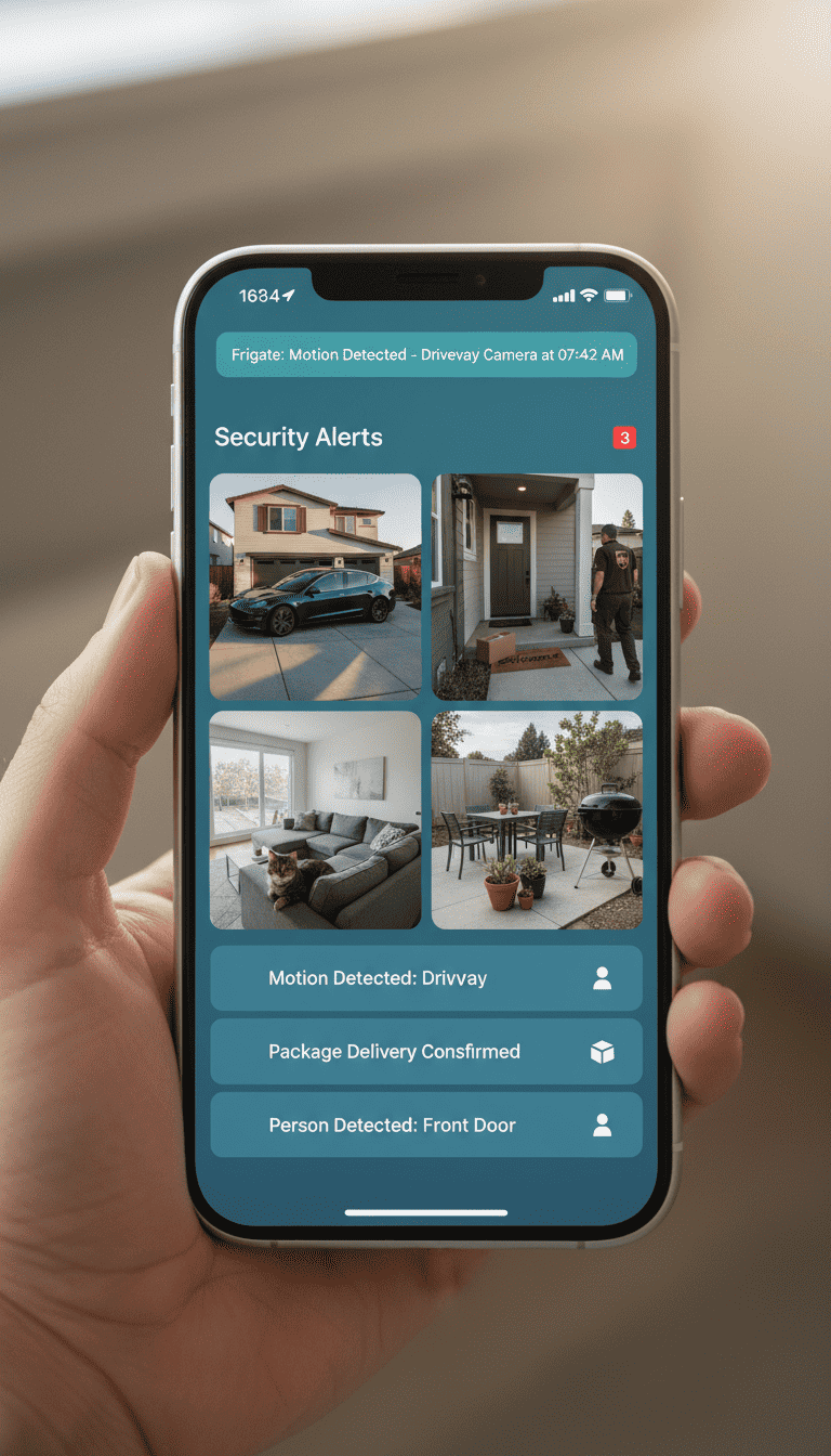 Frigate mobile app showing push notifications and live camera streaming on smartphone