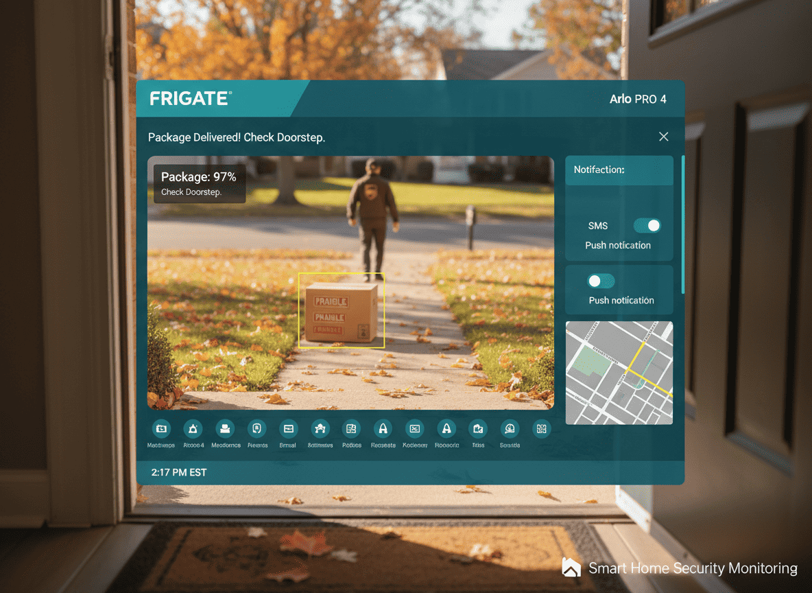 Package detection system showing delivery monitoring with arrival notifications and theft prevention