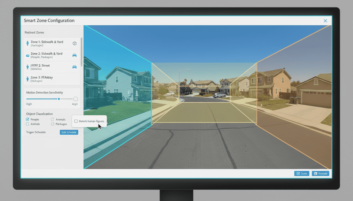 Smart zone configuration interface showing detection areas, privacy masks, and sensitivity settings