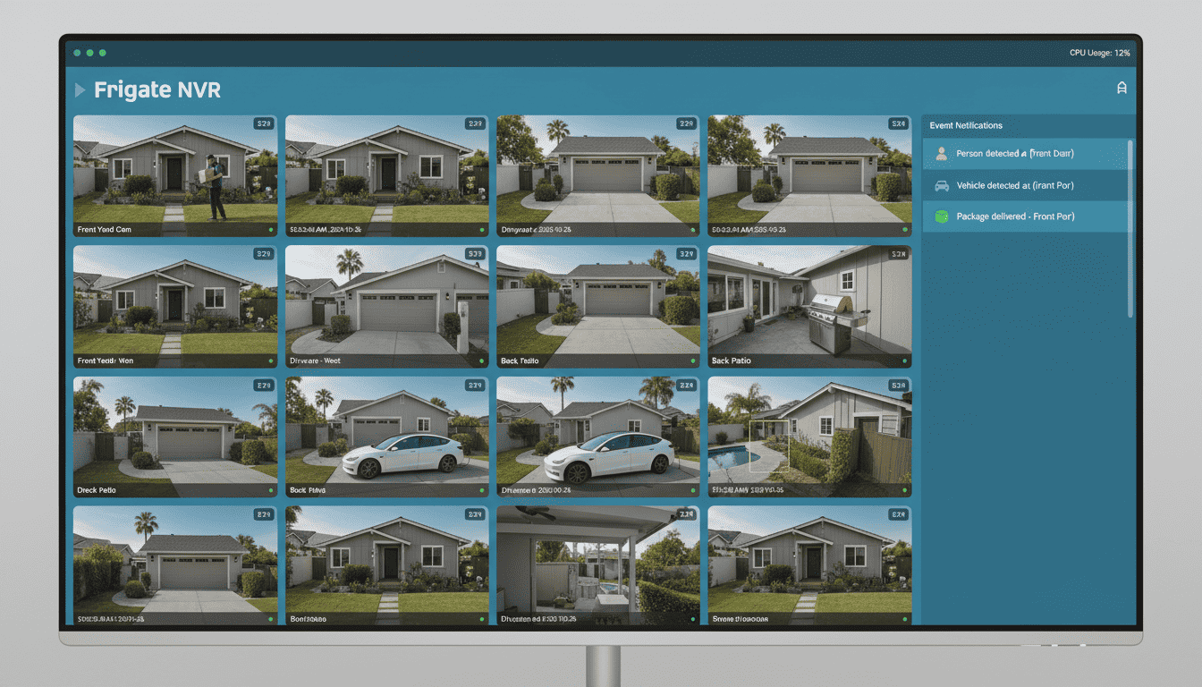Frigate AI surveillance dashboard displaying 12 camera feeds with real-time object detection across all channels