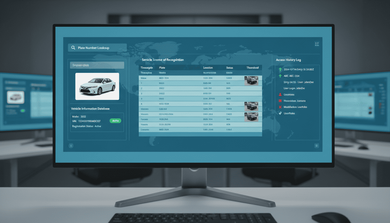 License plate database interface showing vehicle history and search functionality