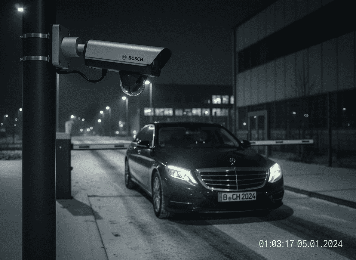 LPR camera capturing vehicle license plate at night with infrared illumination