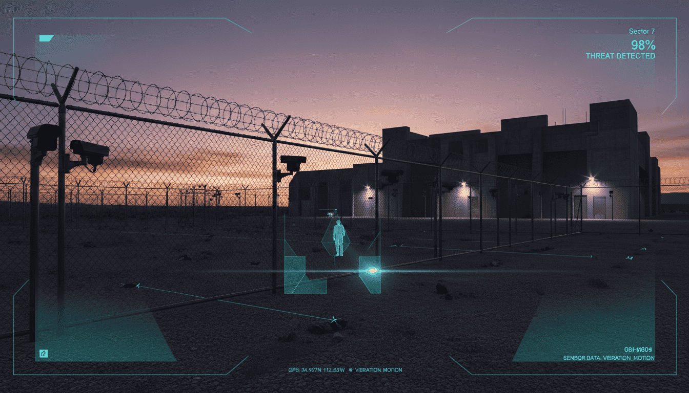 Perimeter security system showing virtual fence line with camera coverage zones and intrusion detection points